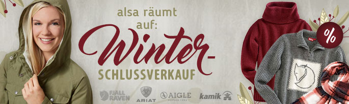 Schnäppchen-Jäger aufgepasst: Hier finden Sie reduzierte Winterbekleidung von AIGLE, FJÄLL RÄVEN, Ariat und Kamik! Es warten tolle Jacken, Hosen und Winterboots im Angebot auf Sie. alsa räumt auf: Winterschlussverkauf