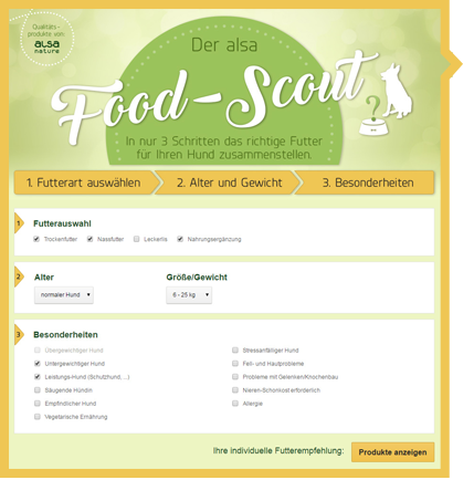 Der alsa Food-Scout – In nur drei Schritten das optimale Futter für Ihren Hund finden. Jetzt die individuelle Futterempfehlung testen.