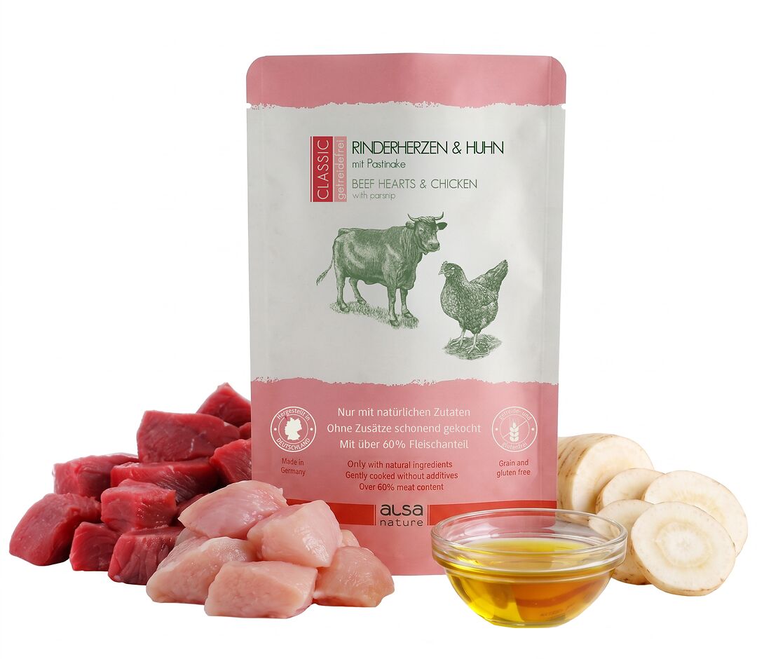 Rinderherzen & Huhn mit Pastinake